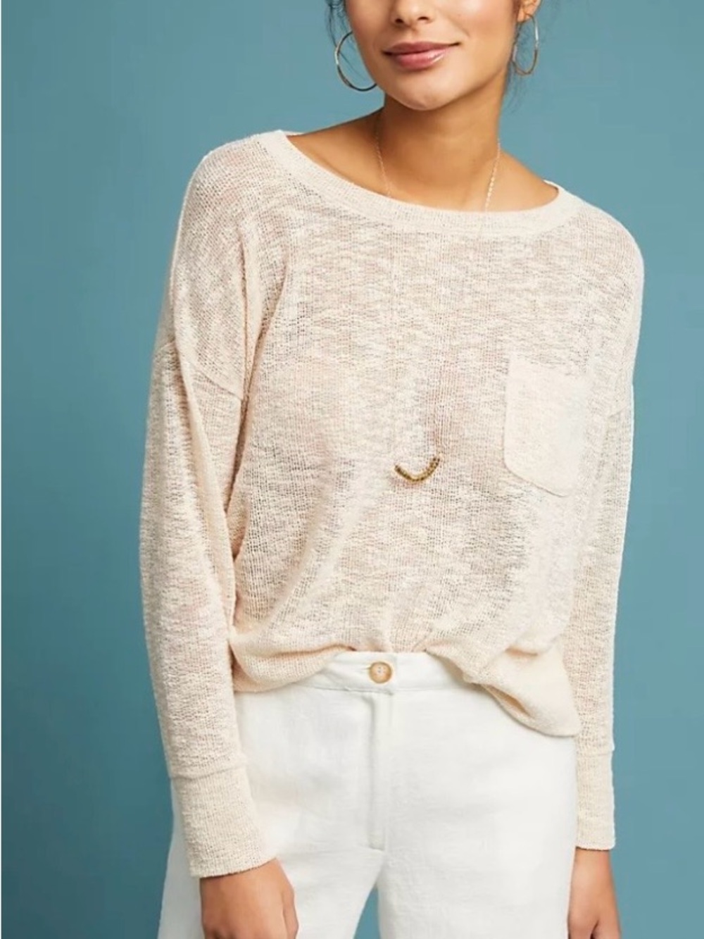 Anthropologie Maeve Kachina Knit Long Sleeve Cream Top Laying Oversized Small
